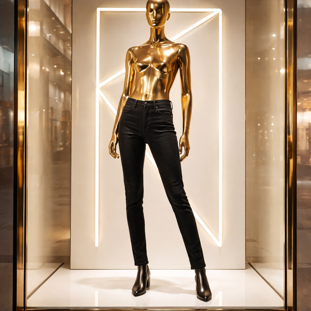 Gold mannequin wearing black pants in a store window display.