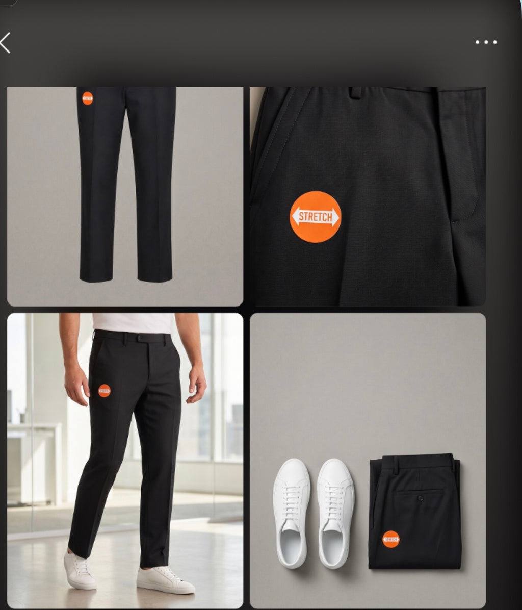 4-panel collage — "Dockers black stretch trousers shown in four views: front, waistband close-up, man wearing them with white sneakers, and folded with shoes"