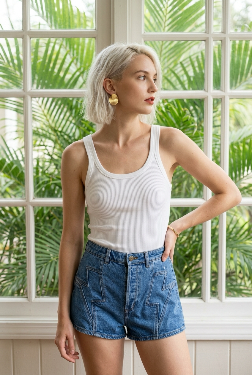 Woman wearing a white tank top and blue shorts standing in front of a window with greenery outside.