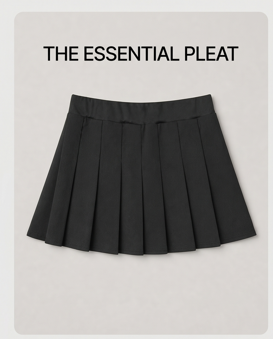 Black pleated skirt on a light gray background with text 'THE ESSENTIAL PLEAT'.