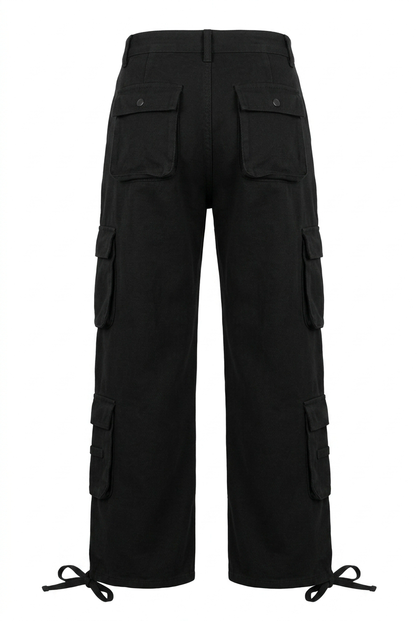 Black cargo pants on a white background