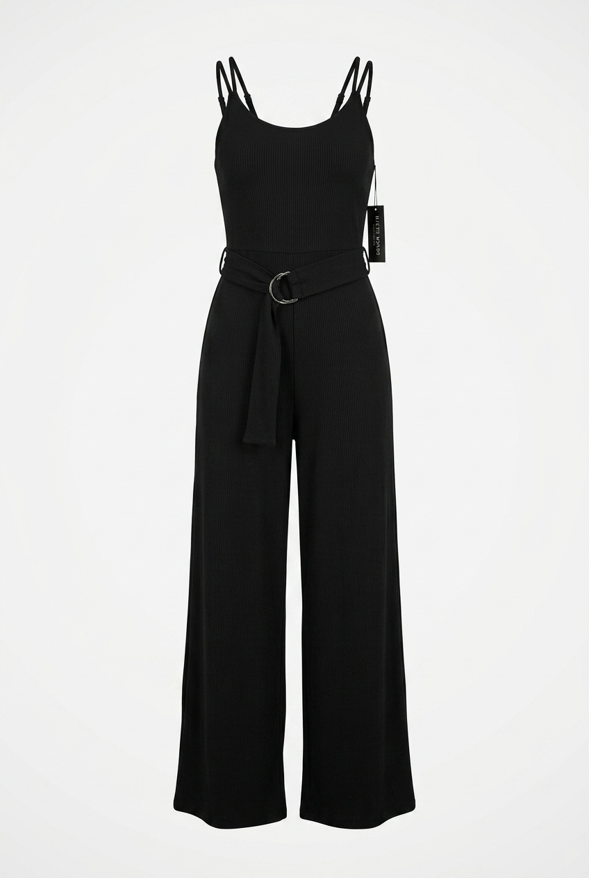 Black jumpsuit with a belt on a white background