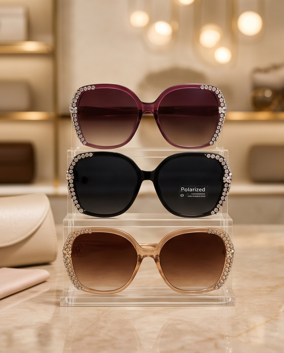 Close-up of crystal-embellished frame detail on black sunglasses"