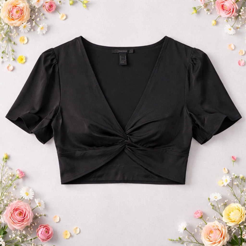 Black crop top with puff sleeves on a light gray background with flowers