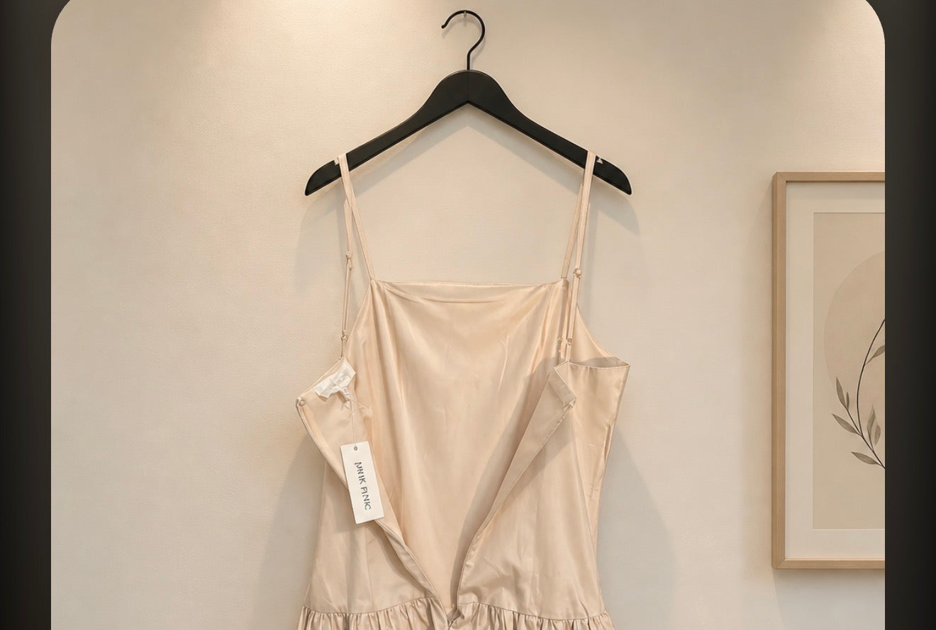 Beige spaghetti strap dress on a hanger against a neutral wall.