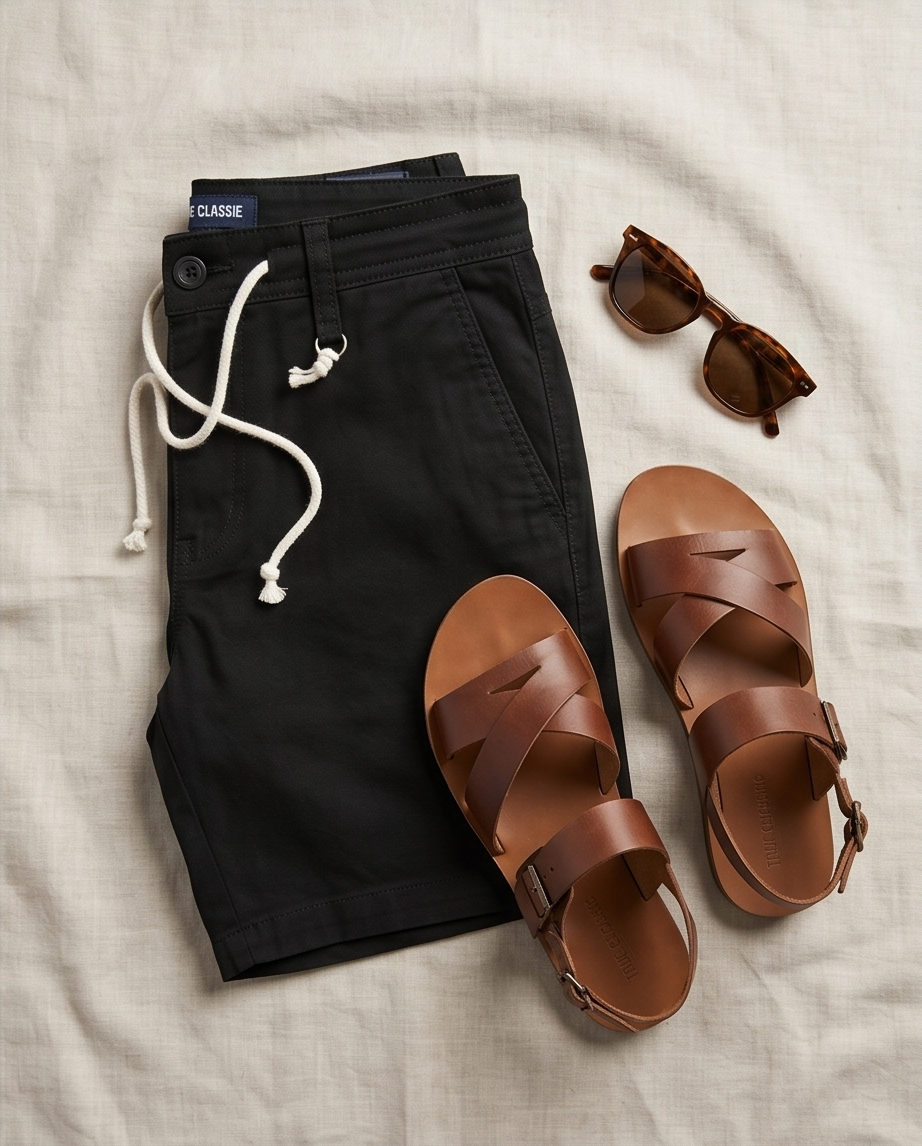 Black shorts with white drawstring, brown sandals, and sunglasses on a light gray surface.