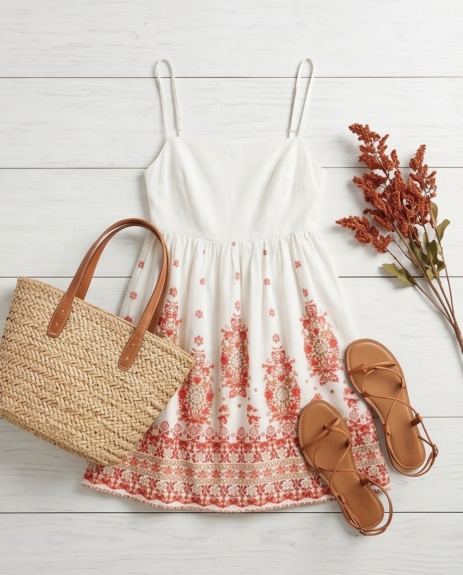 White dress with red floral pattern, straw bag, brown sandals, and dried flowers on a light wooden surface.