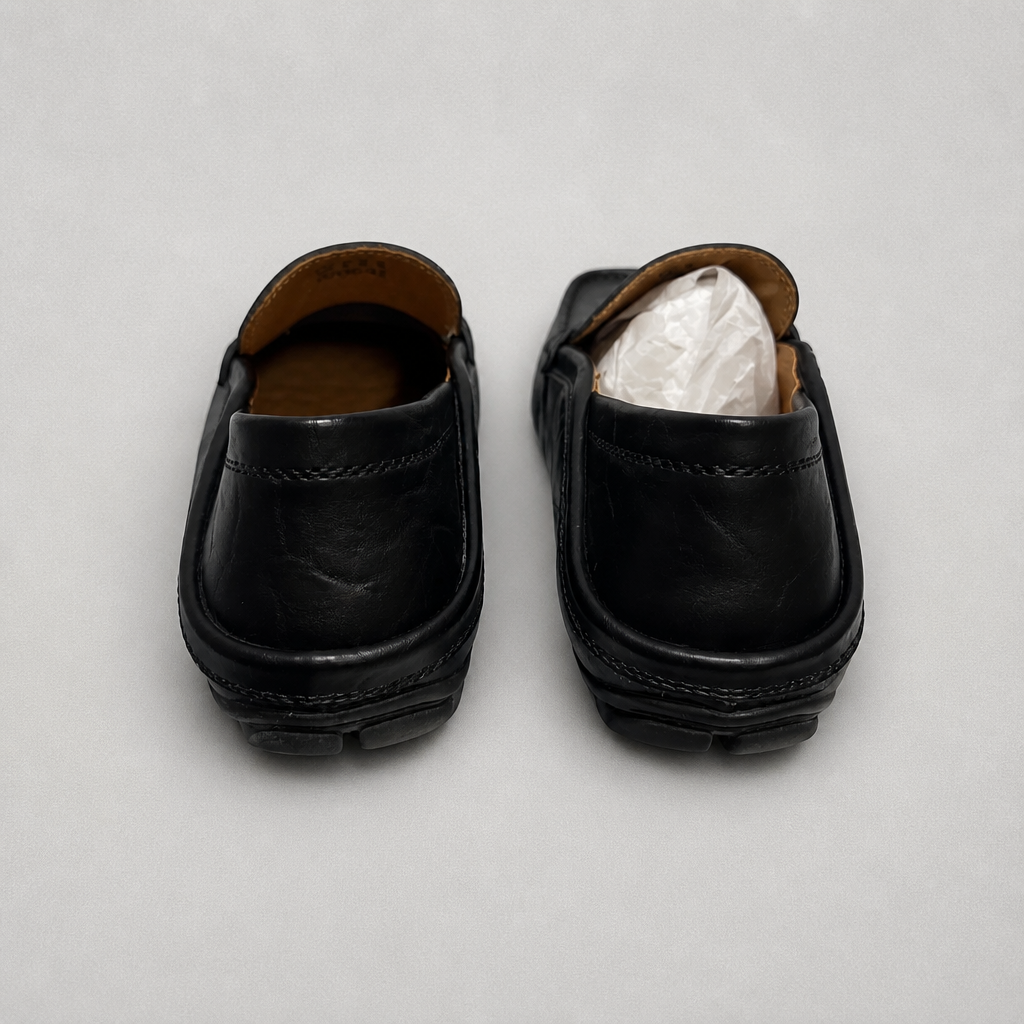 Pair of black leather shoes on a light gray background