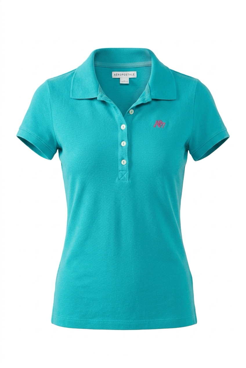 Teal polo shirt with a small logo on a white background