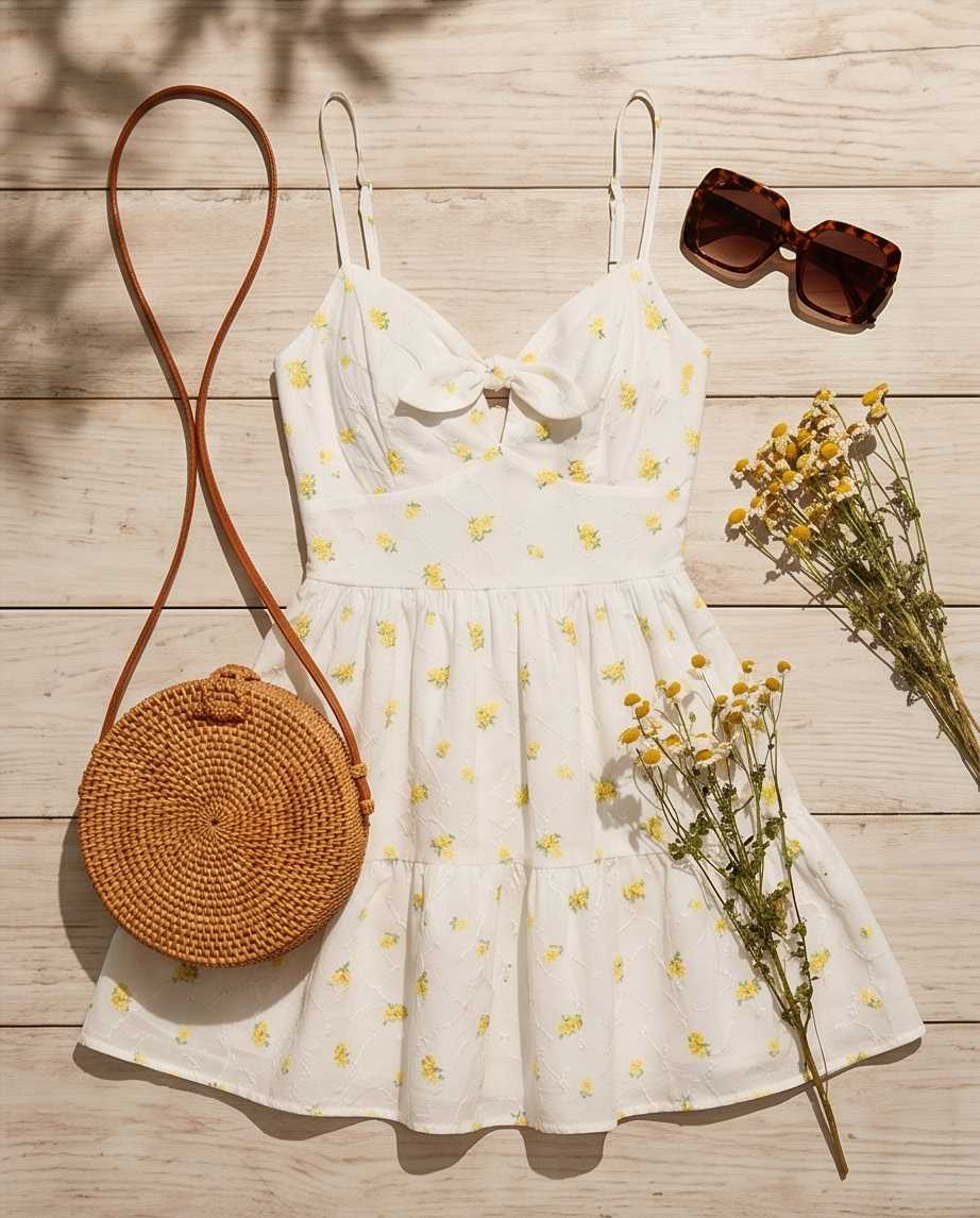 White dress with yellow floral pattern, round brown bag, sunglasses, and dried flowers on a wooden surface