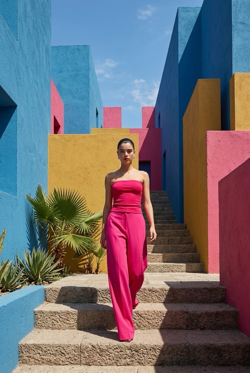 Woman in a pink outfit standing on steps with colorful geometric walls in the background