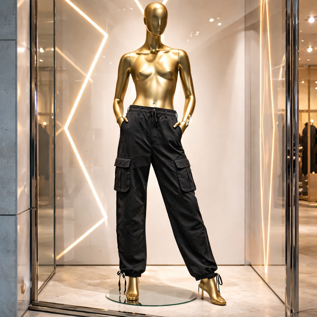 Gold mannequin wearing black cargo pants in a store window
