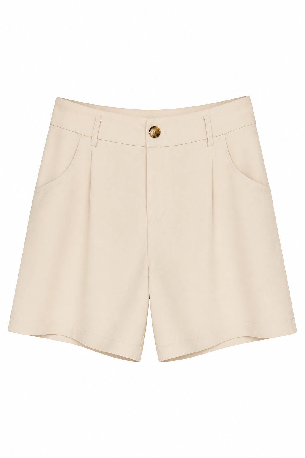 Beige high-waisted tailored shorts with front pleats, side pockets, and a single gold-tone button closure, shown flat on a white background.