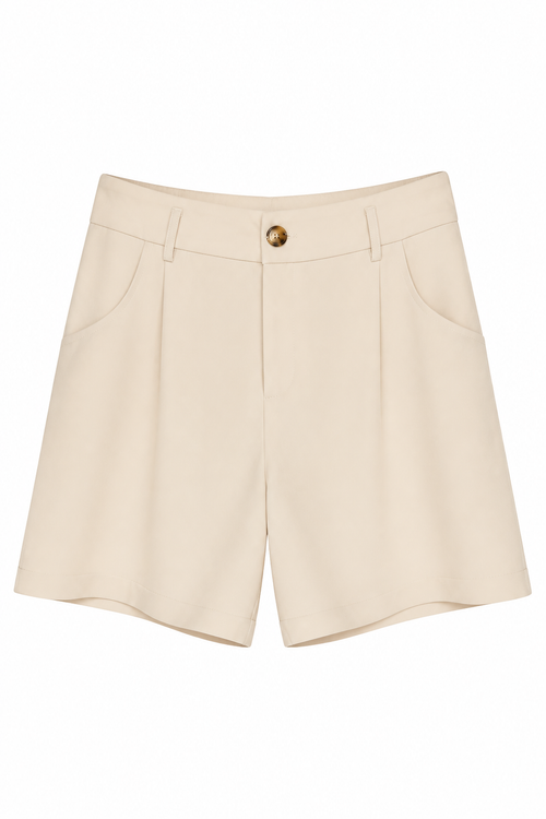 Beige high-waisted tailored shorts with front pleats, side pockets, and a single gold-tone button closure, shown flat on a white background.
