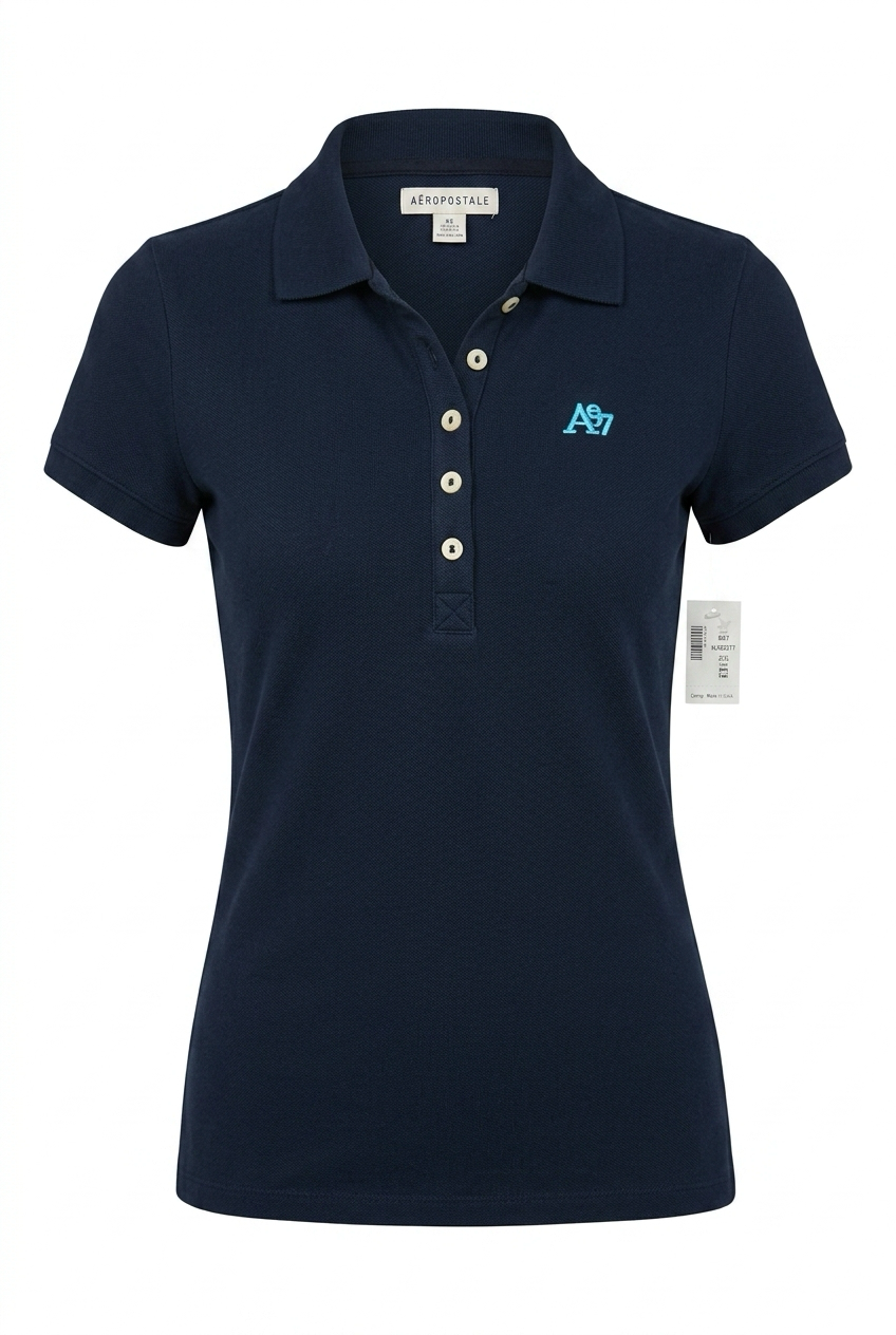 Navy polo shirt with a logo on a white background