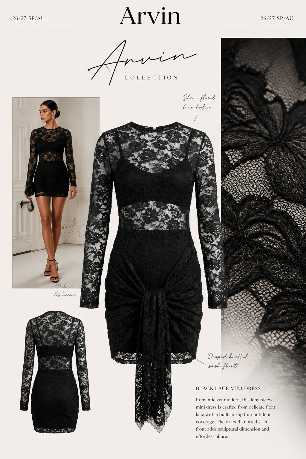 A fashion catalog page for the Arvin Collection featuring a black lace long-sleeve mini dress. The page includes a large front view of the dress, a side view, a back view, a close-up of the lace texture, and a model wearing the dress.