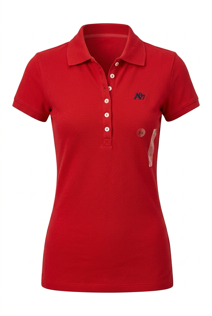 Red polo shirt with a logo on a white background