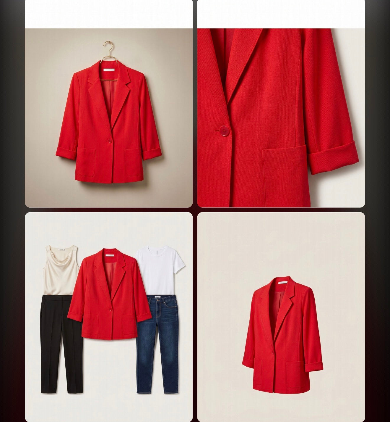 A red blazer shown in multiple views and styling combinations: hanging alone on a beige background, a close-up of the lapel and front, paired with a cream top and black pants, paired with a white top and blue jeans, and hanging alone on a light beige background.