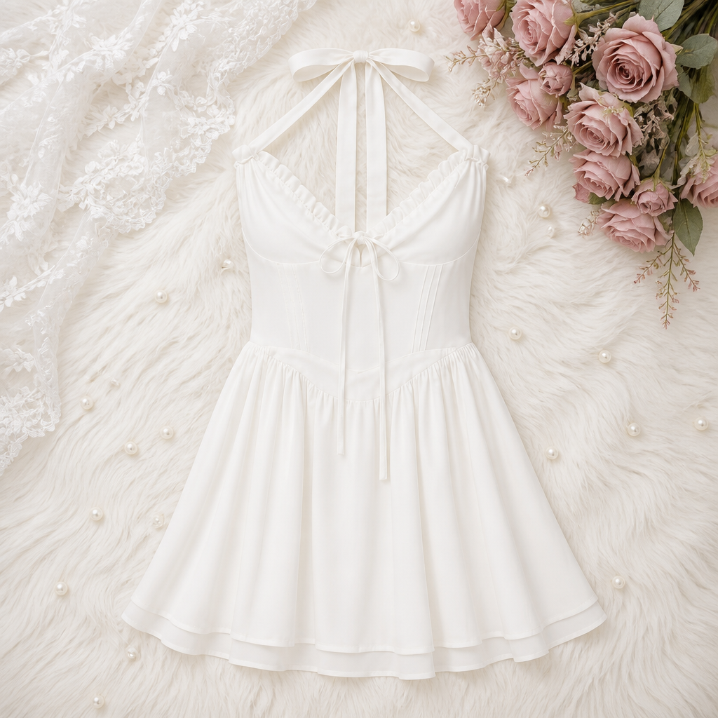 A white sleeveless halter dress with a ruffled neckline and front tie details, laid flat on a white faux fur surface with lace fabric and pink roses in the corner.