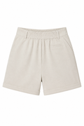 A pair of light beige athletic shorts with an elastic waistband, photographed flat against a solid white background.