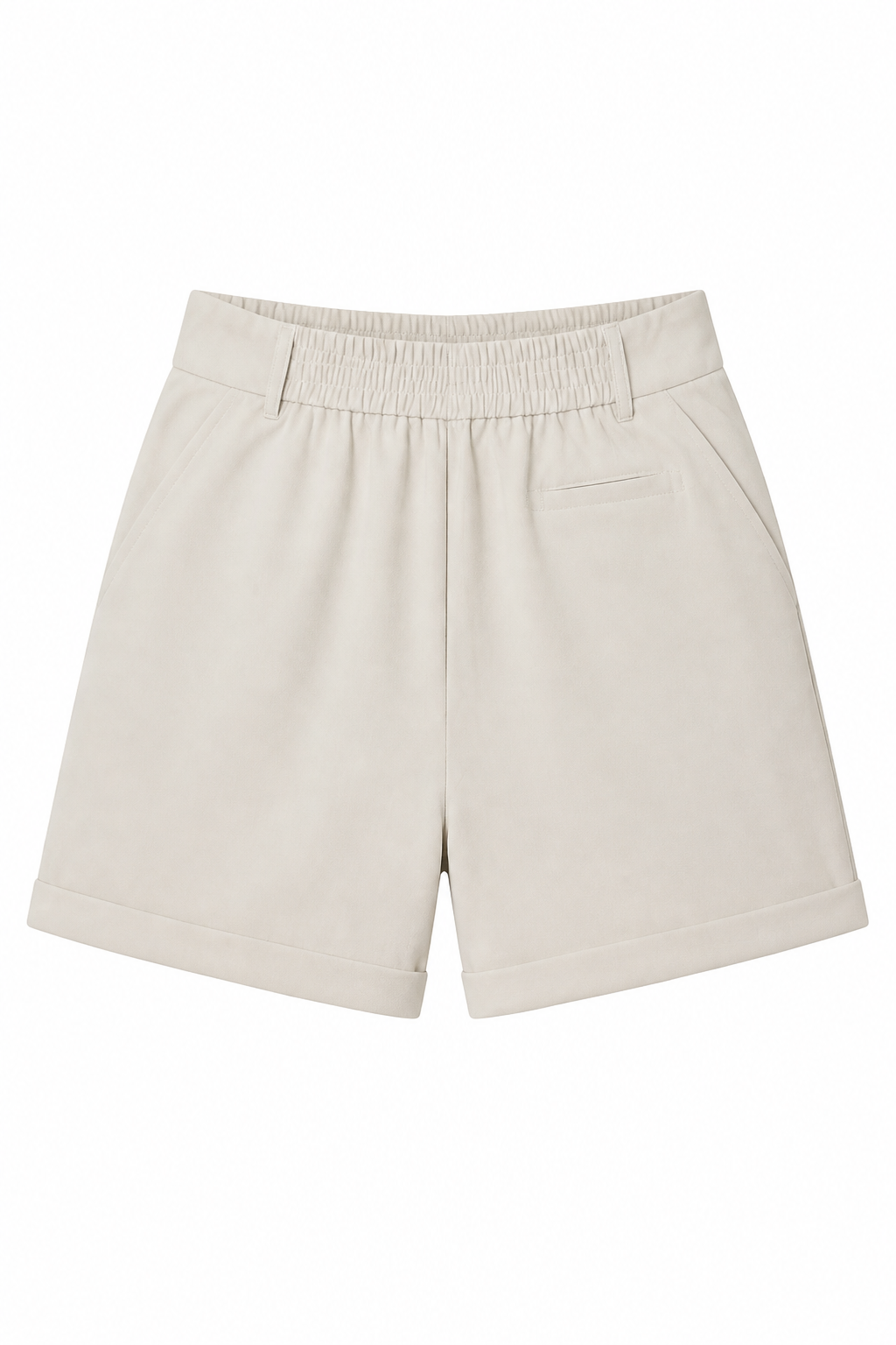 A pair of light beige athletic shorts with an elastic waistband, photographed flat against a solid white background.