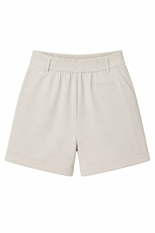 A pair of light beige athletic shorts with an elastic waistband, photographed flat against a solid white background.