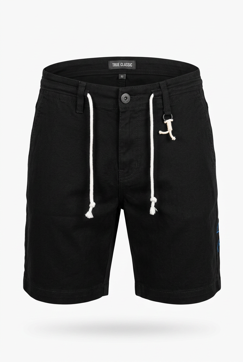 Black shorts with white drawstring on a white background