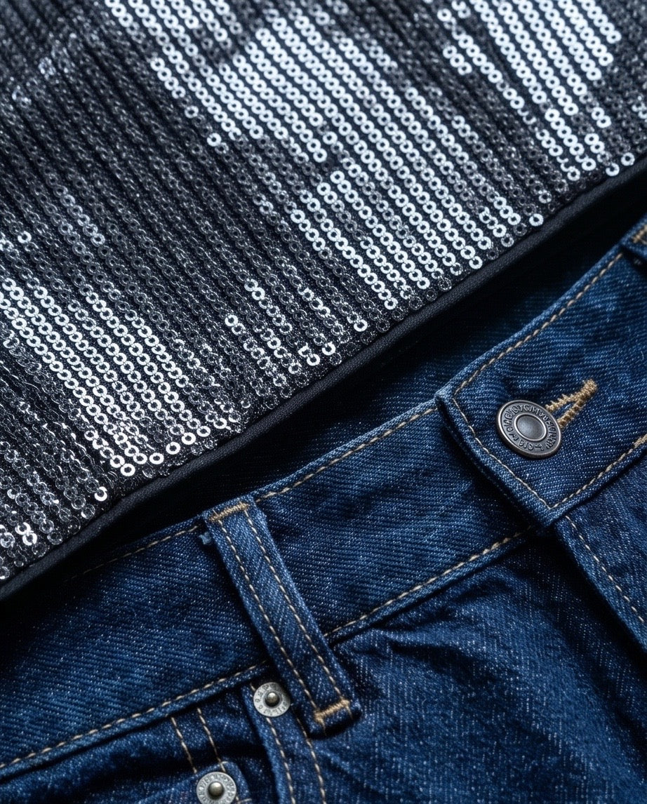 Close-up of blue jeans with a sequined trim