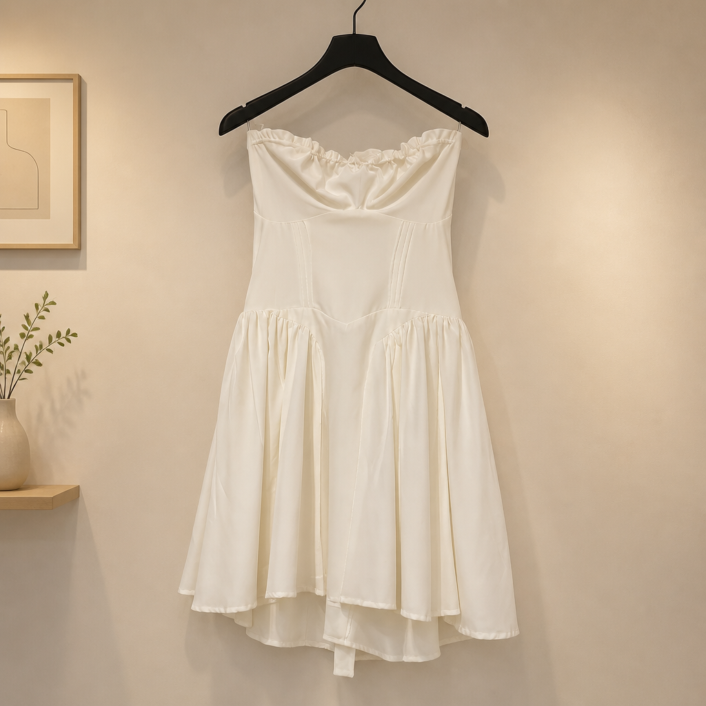 An off-white sleeveless dress with a ruffled sweetheart neckline and a flared skirt, hanging on a black hanger against a warm beige wall.