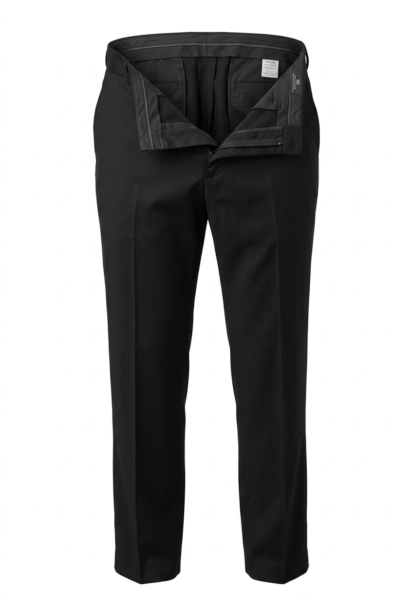 Black men's dress pants shown flat against a solid white background, with the waistband and inner pocket area folded up slightly to reveal the interior lining.