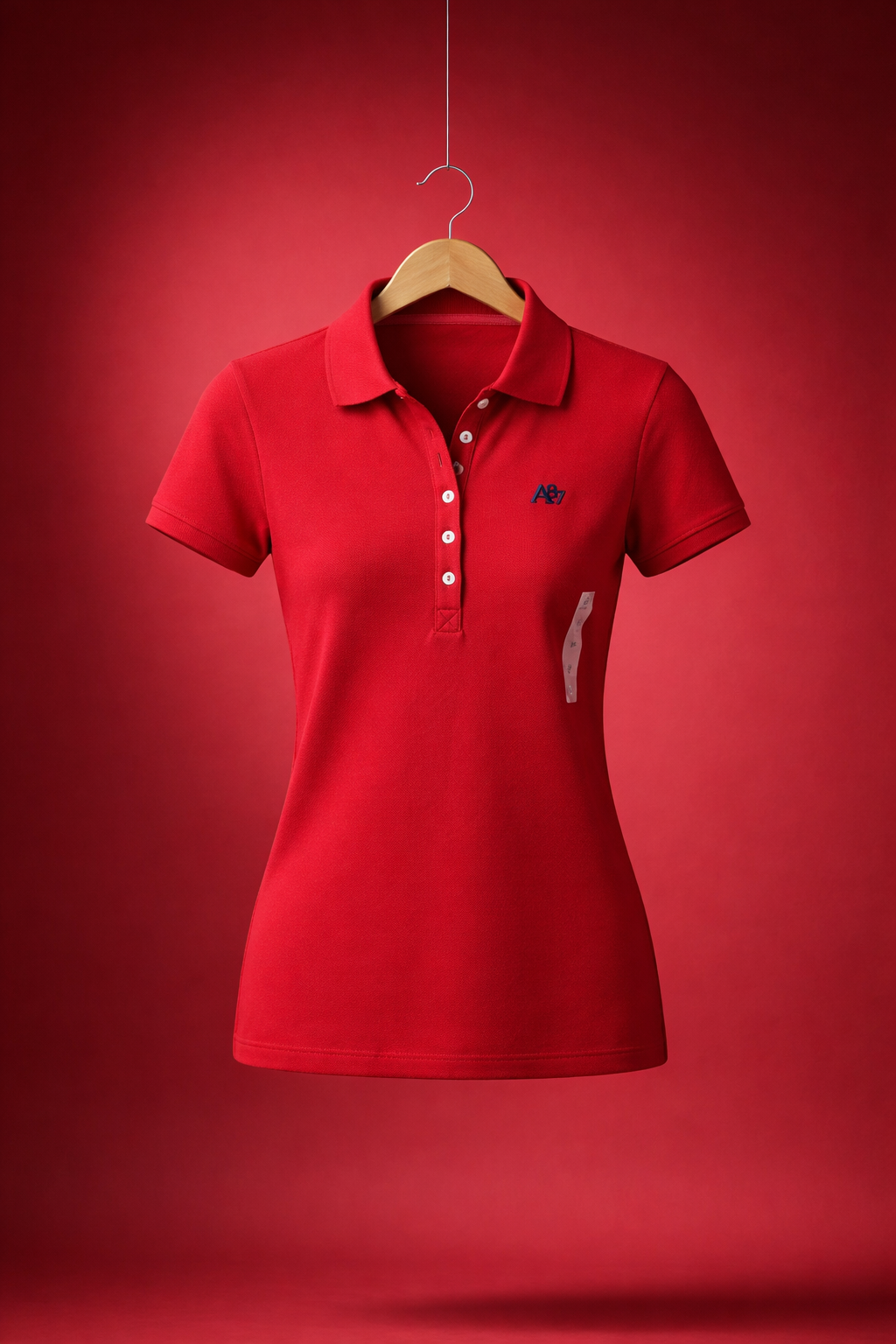 Red polo shirt on a hanger against a red background