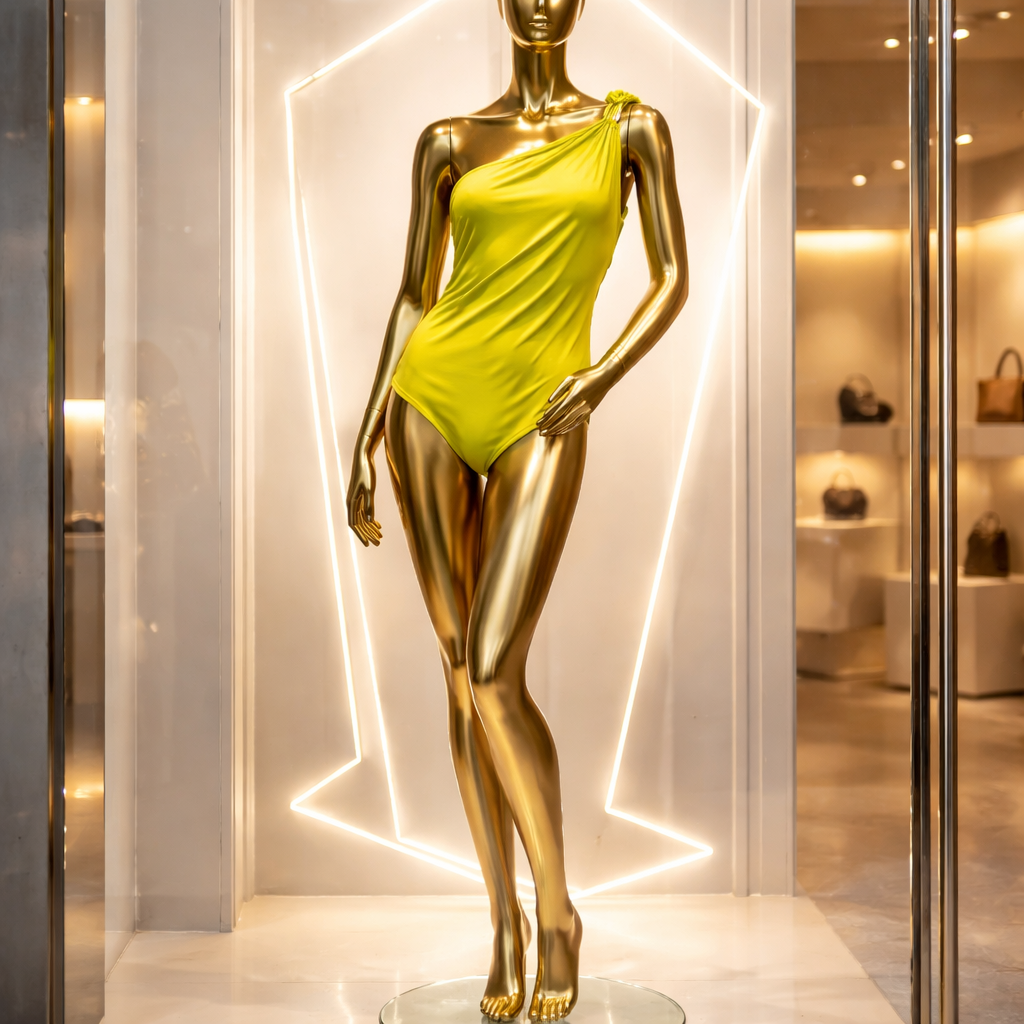 Gold mannequin wearing a bright yellow swimsuit in a store setting