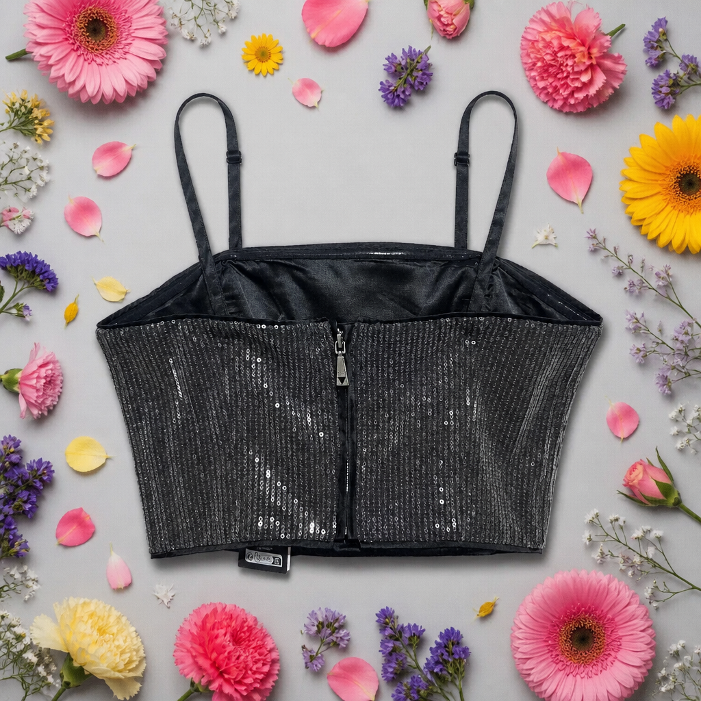 Black sequin crop top surrounded by colorful flowers on a light gray background