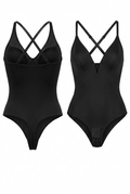 Two black swimsuits with criss-cross straps on a white background