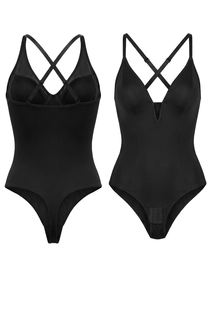 Two black swimsuits with criss-cross straps on a white background