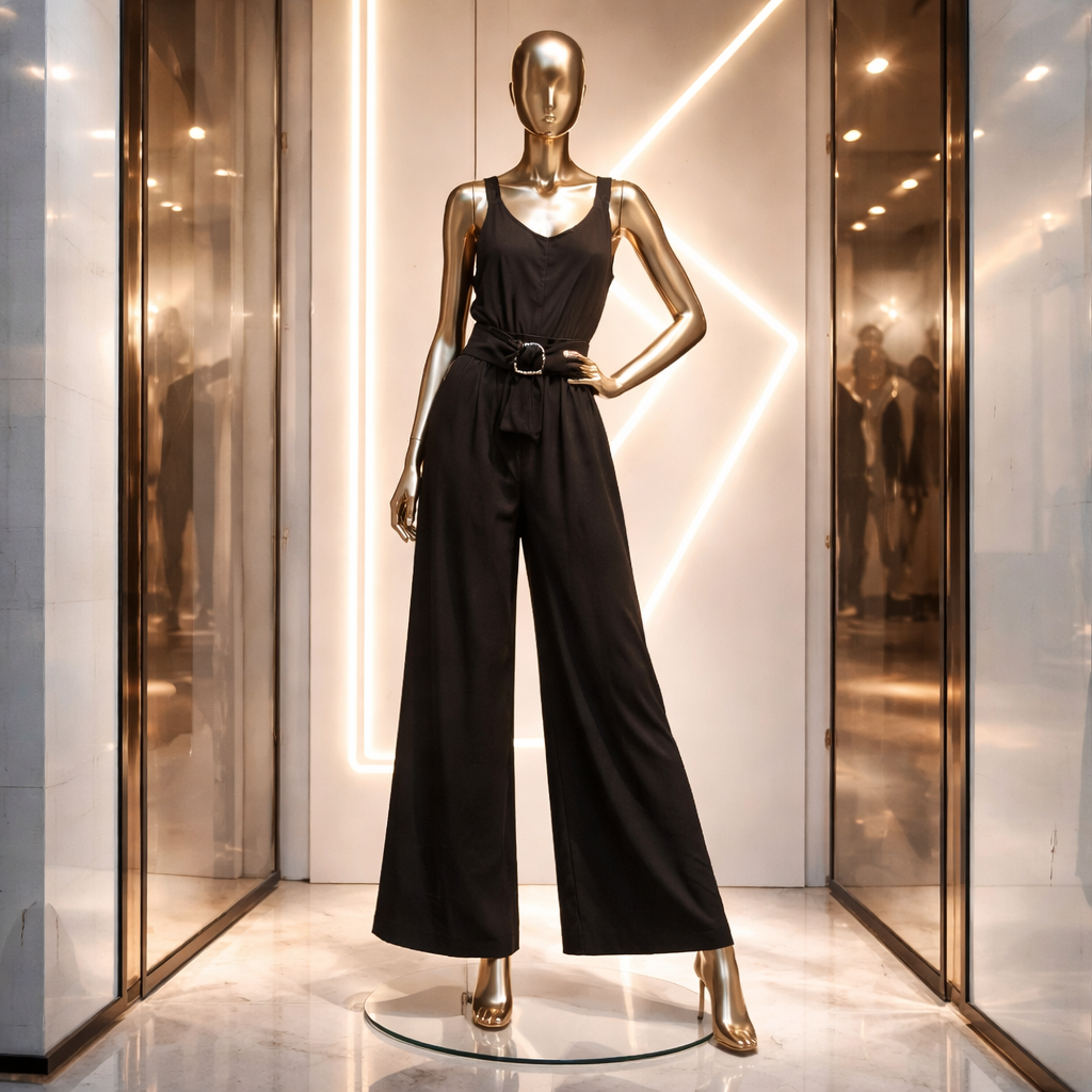 Mannequin wearing a black jumpsuit in a store window setting