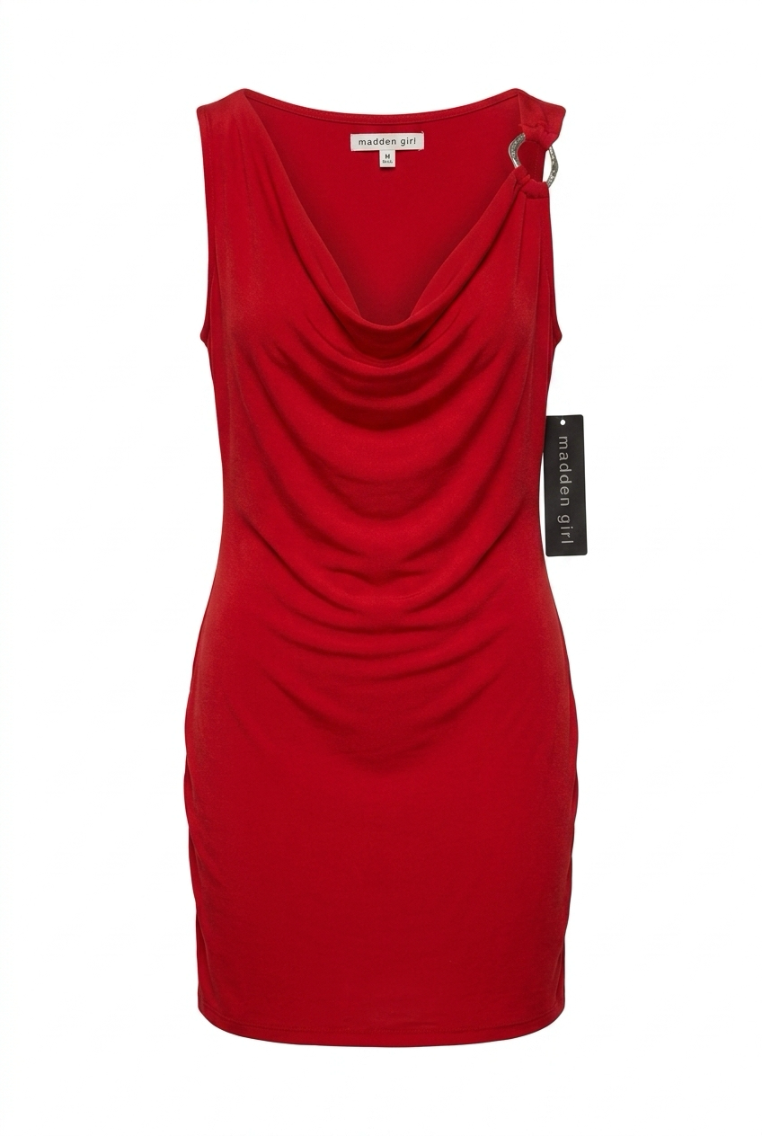 Red dress with a draped neckline on a white background