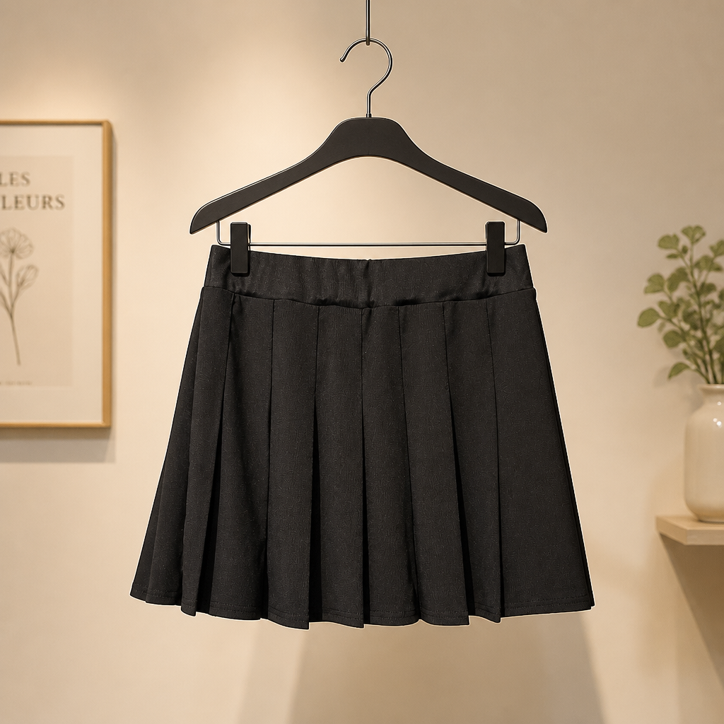 Black pleated skirt on a hanger against a neutral wall.