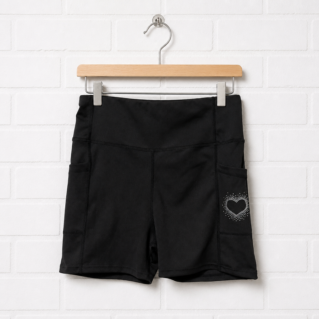 Black shorts with a heart design on a hanger against a white brick wall.