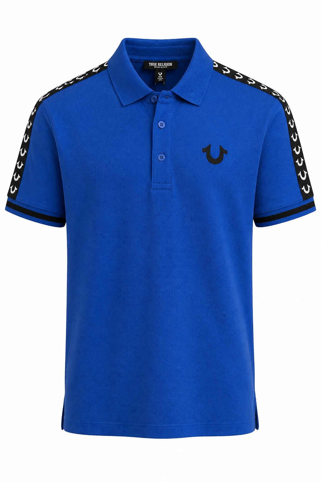A royal blue short-sleeve polo shirt by True Religion, featuring black embroidered trim along the shoulders and sleeves with small white logo details, and a black embroidered crescent moon logo on the left chest.