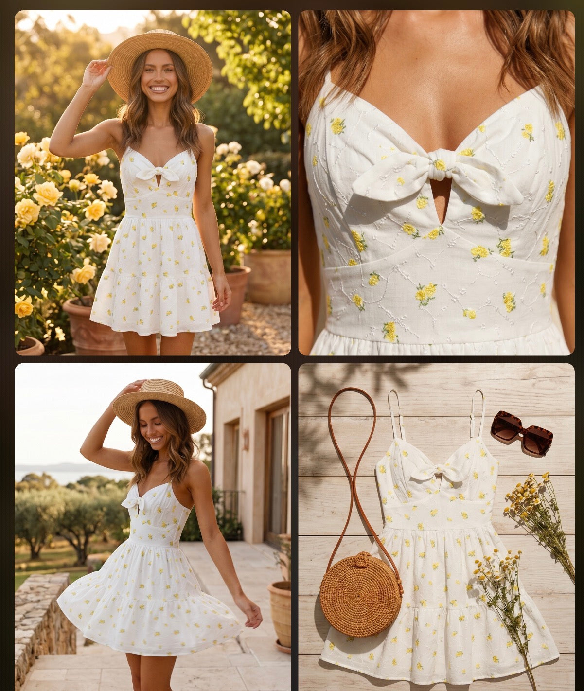 White dress with yellow floral embroidery worn by a woman in various settings.