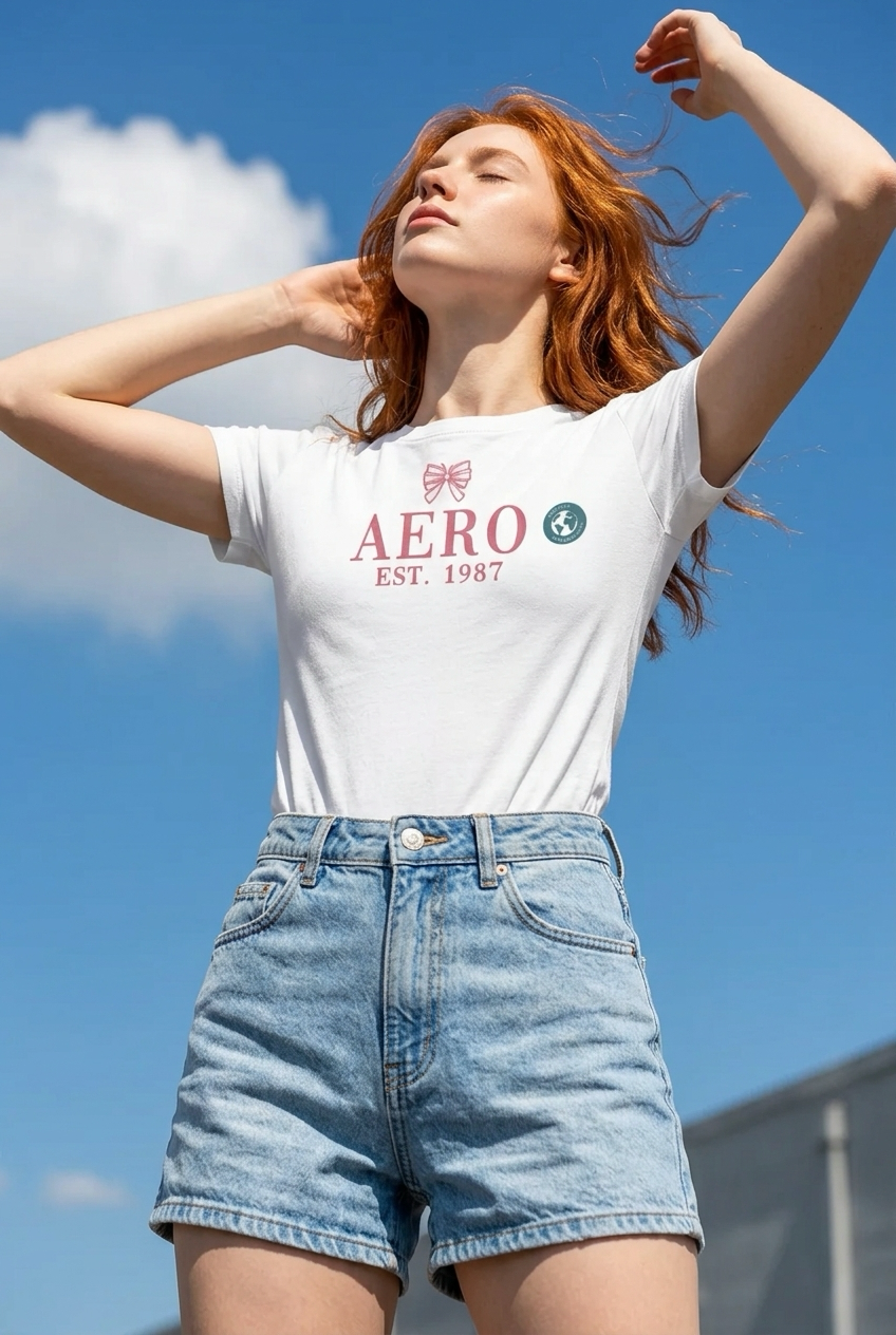 Person wearing an Aero t-shirt and denim shorts against a blue sky.