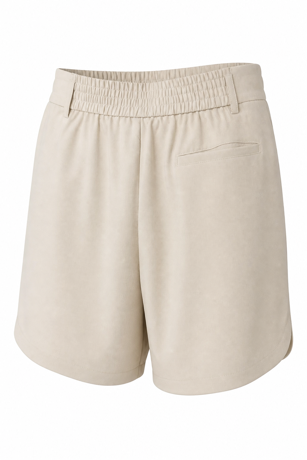Beige elastic-waist shorts with a side welt pocket, shown against a plain white background.