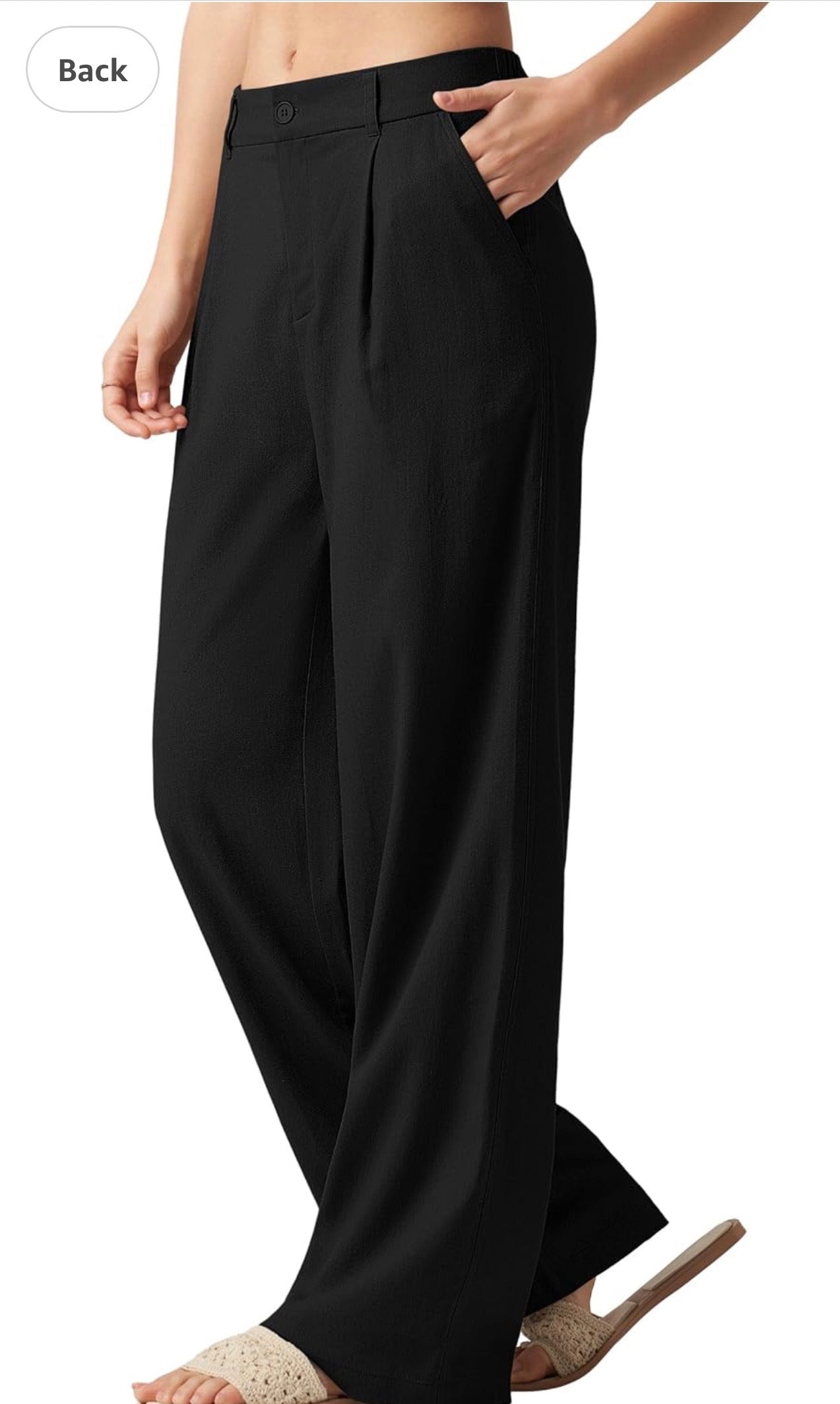 Side close-up — "Willit women's black wide-leg trousers – side close-up showing pleated front, button waistband, and pocket detail"