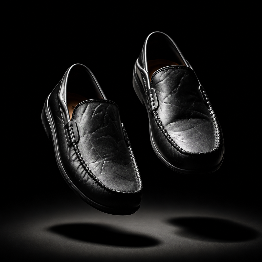 Pair of black leather loafers on a black background