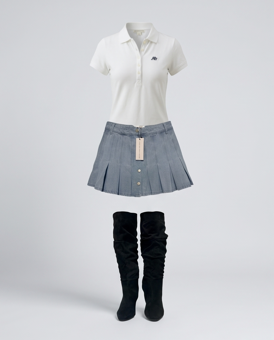 White polo shirt, gray pleated skirt, and black knee-high boots on a white background