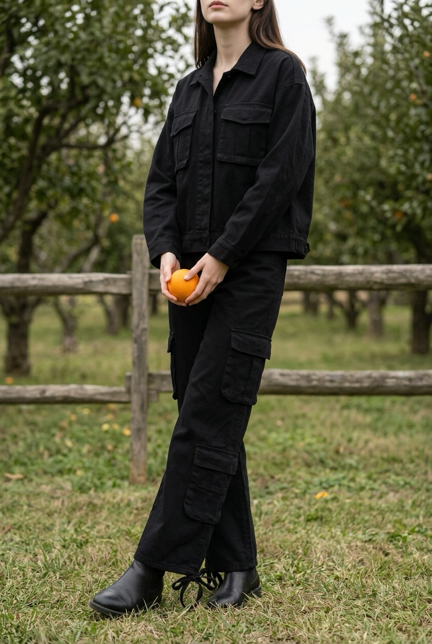 Person wearing a black outfit holding an orange in an outdoor setting with trees and a wooden fence.