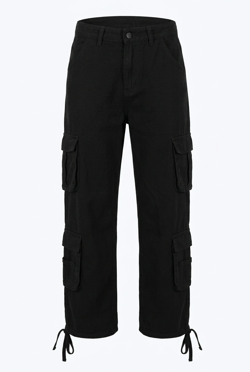 Black cargo pants on a white background