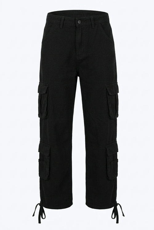Black cargo pants on a white background