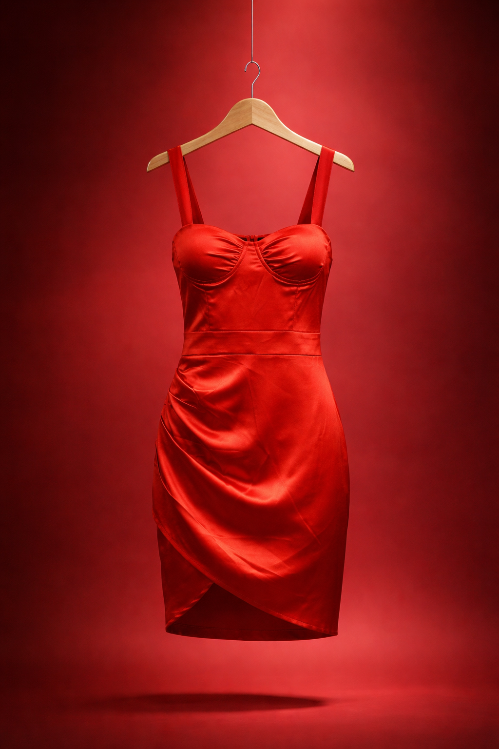 Red dress on a hanger against a red background